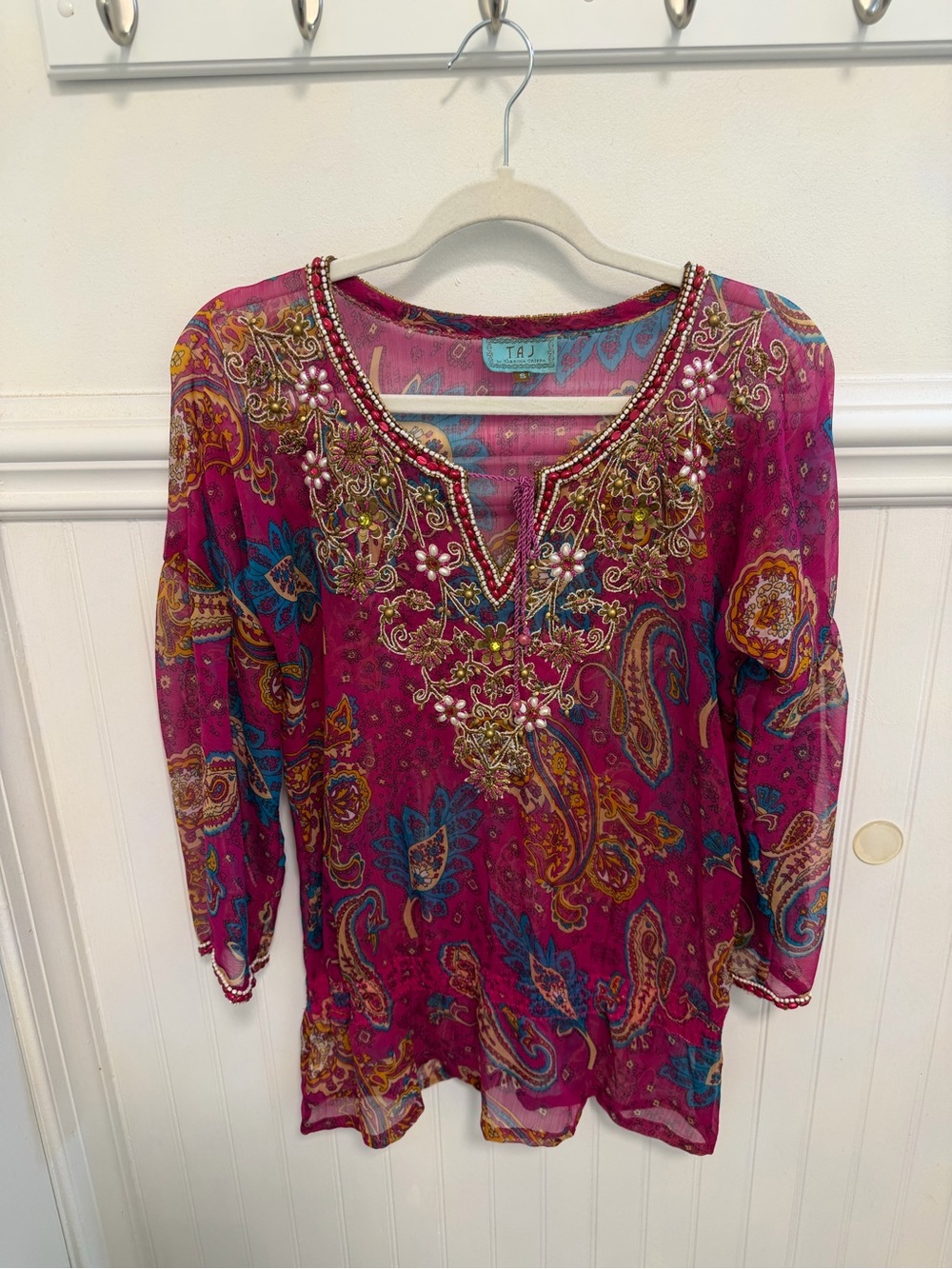 TAJ by Sabrina Crippa Fuchsia Paisley Beaded Tunic